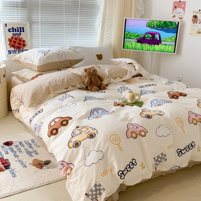 91家纺网 家纺一手货源 找家纺 昔可 2023新款全棉卡通系列四件套 彩色小汽车