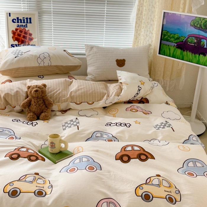 91家纺网 家纺一手货源 找家纺 昔可 2023新款全棉卡通系列四件套 彩色小汽车