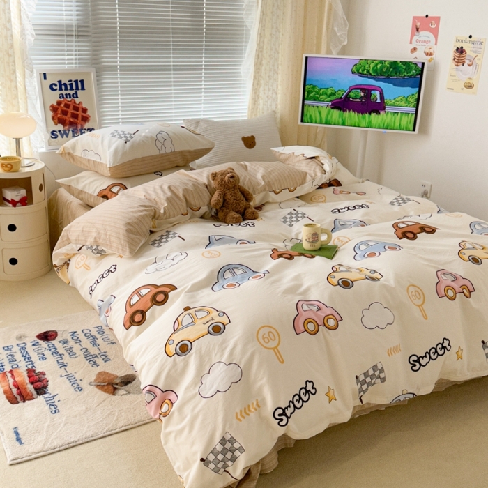 91家纺网 家纺一手货源 找家纺 昔可 2023新款全棉卡通系列四件套 彩色小汽车