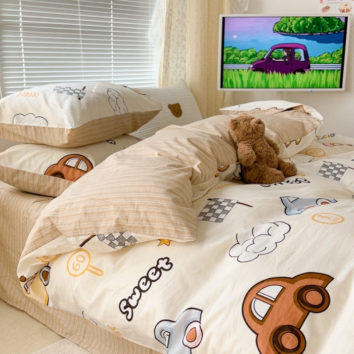 91家纺网 家纺一手货源 找家纺 昔可 2023新款全棉卡通系列四件套 彩色小汽车