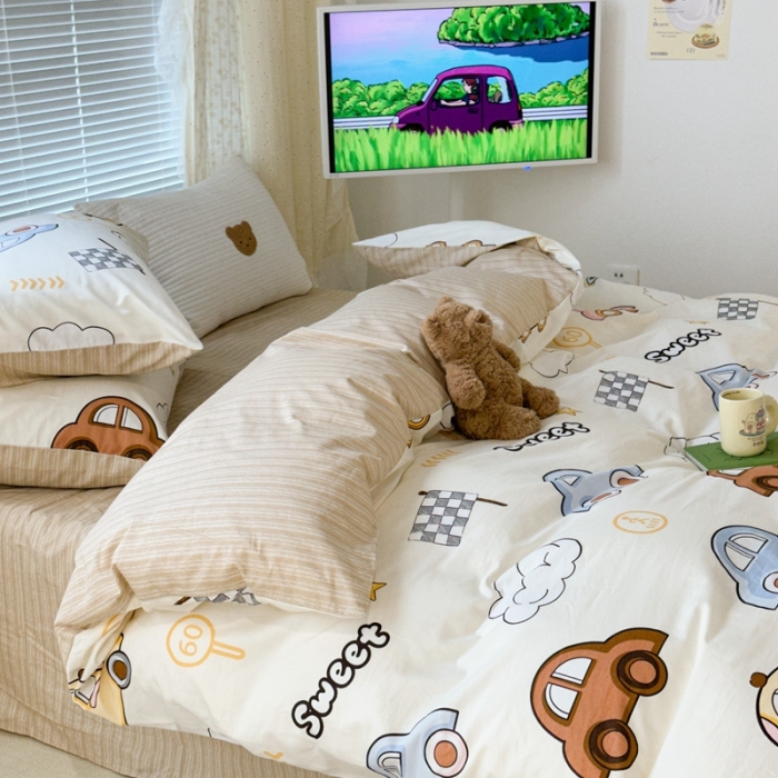 91家纺网 家纺一手货源 找家纺 昔可 2023新款全棉卡通系列四件套 彩色小汽车
