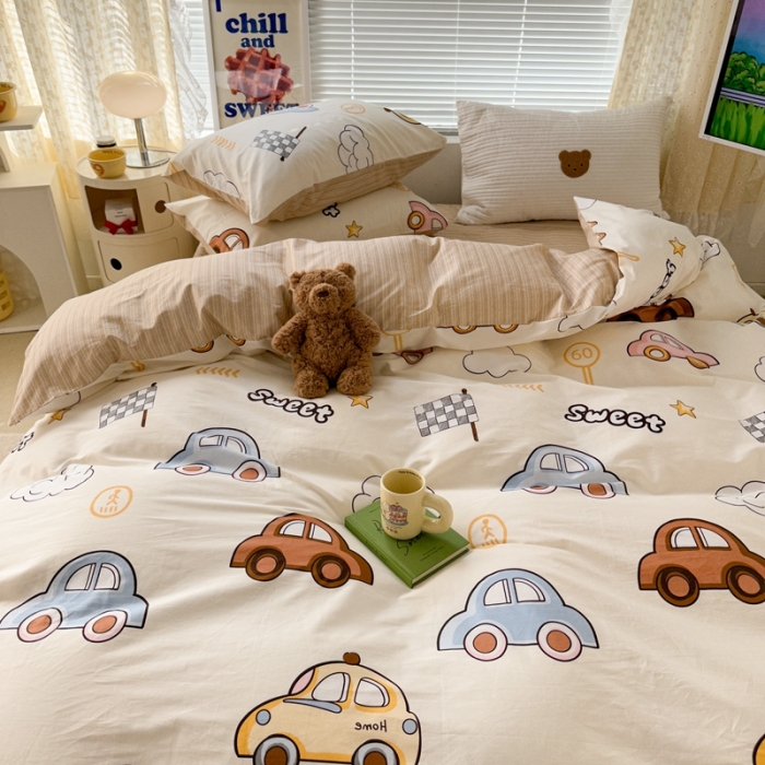 91家纺网 家纺一手货源 找家纺 昔可 2023新款全棉卡通系列四件套 彩色小汽车