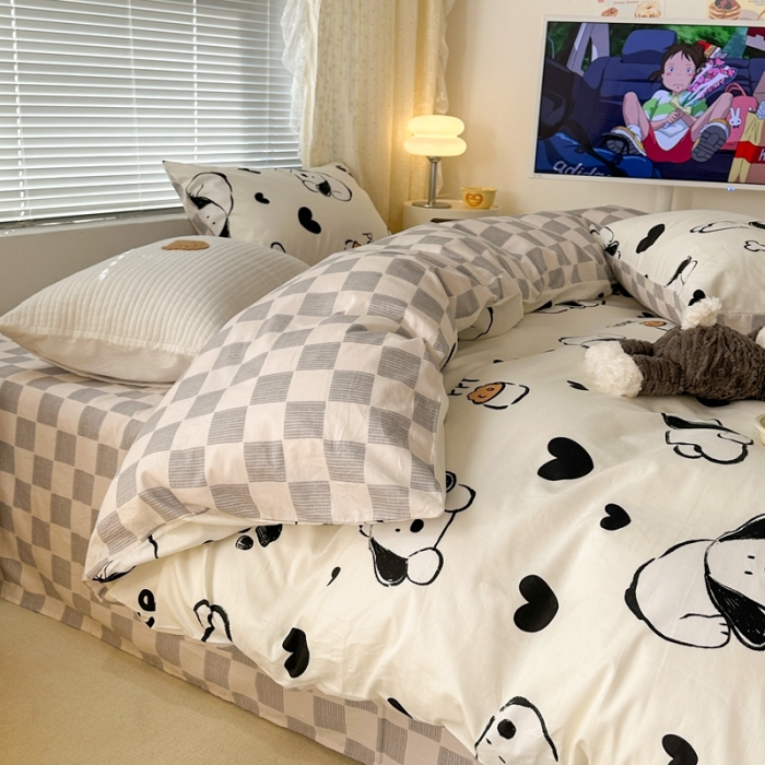 91家纺网 家纺一手货源 找家纺 昔可 2023新款全棉卡通系列四件套 黑白脚印狗狗