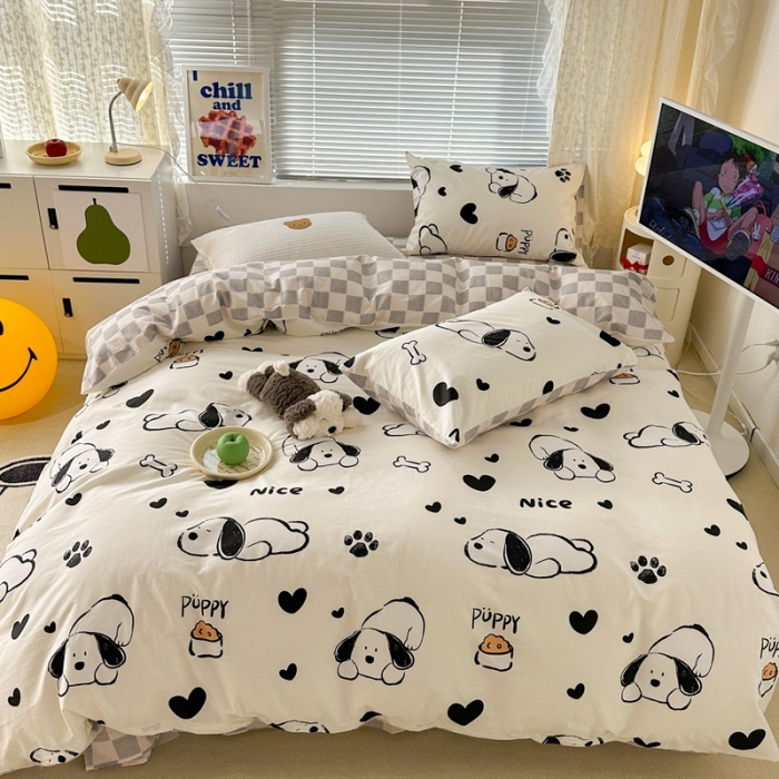 91家纺网 家纺一手货源 找家纺 昔可 2023新款全棉卡通系列四件套 黑白脚印狗狗