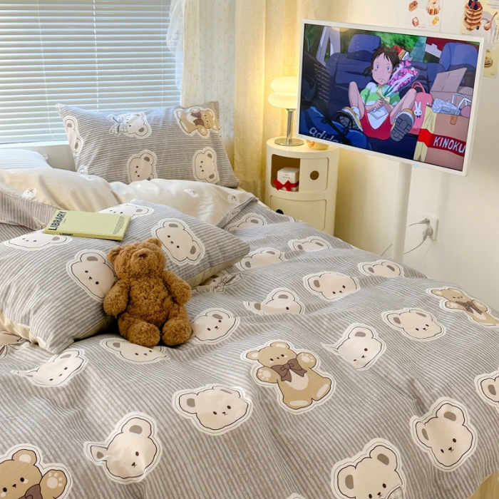 91家纺网 家纺一手货源 找家纺 昔可 2023新款全棉卡通系列四件套 蝴蝶结领熊