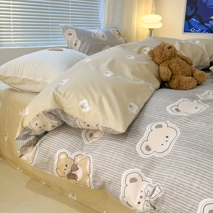 91家纺网 家纺一手货源 找家纺 昔可 2023新款全棉卡通系列四件套 蝴蝶结领熊