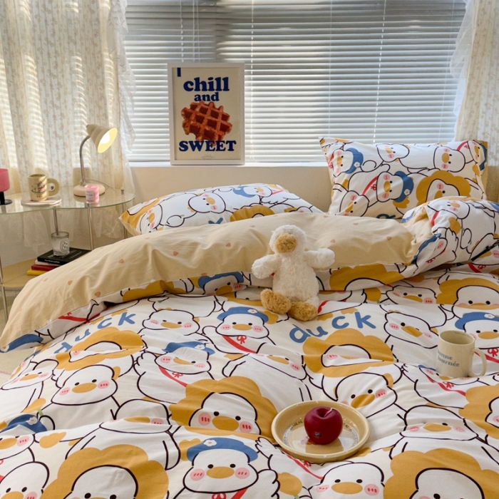 91家纺网 家纺一手货源 找家纺 昔可 2023新款全棉卡通系列四件套 黄色鸭鸭