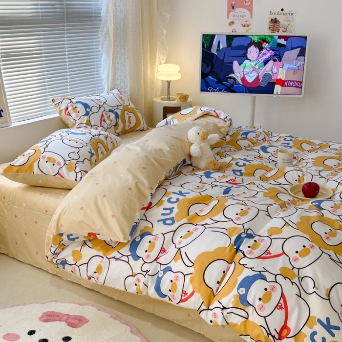 91家纺网 家纺一手货源 找家纺 昔可 2023新款全棉卡通系列四件套 黄色鸭鸭