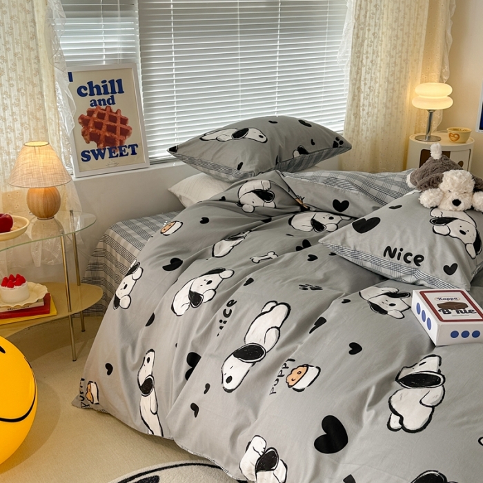 91家纺网 家纺一手货源 找家纺 昔可 2023新款全棉卡通系列四件套 脚印狗狗 灰