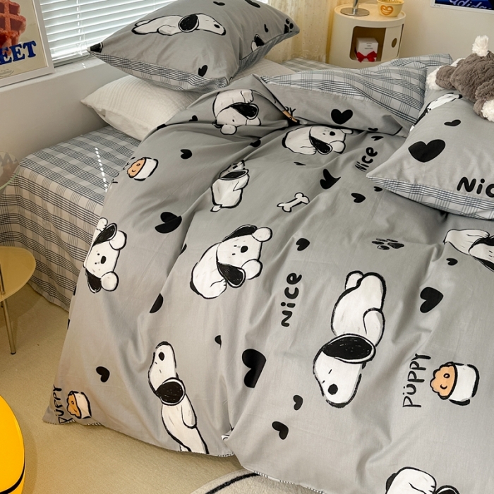 91家纺网 家纺一手货源 找家纺 昔可 2023新款全棉卡通系列四件套 脚印狗狗 灰