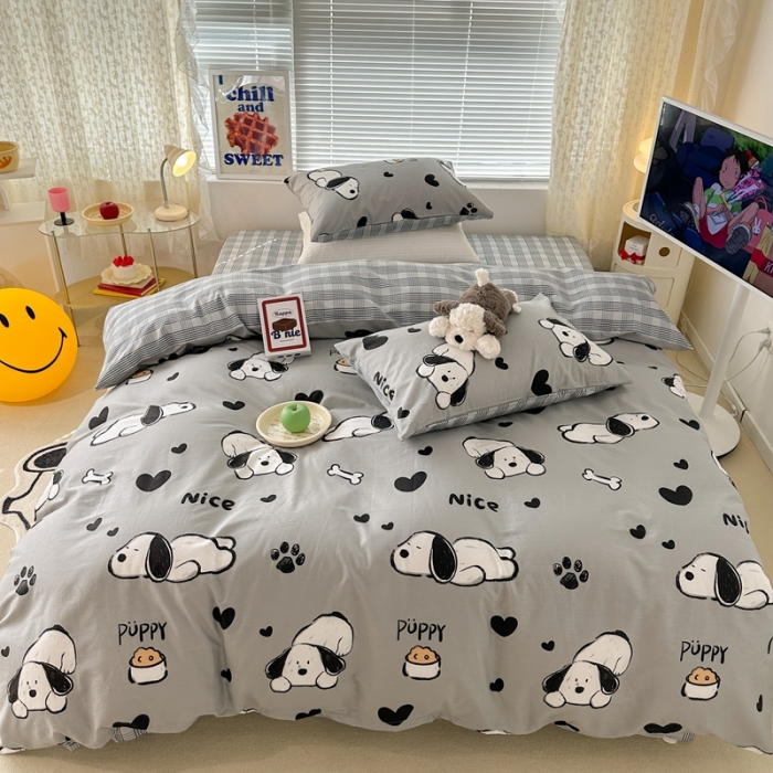 91家纺网 家纺一手货源 找家纺 昔可 2023新款全棉卡通系列四件套 脚印狗狗 灰