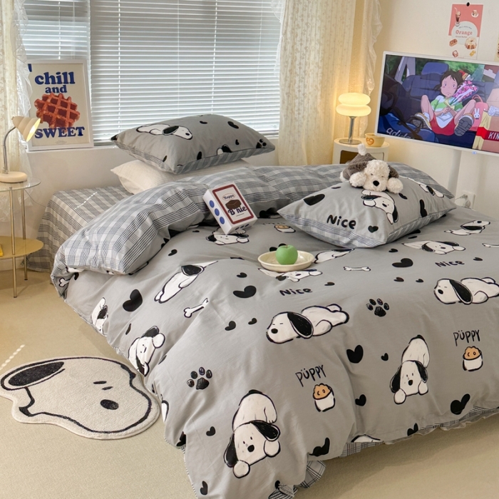 91家纺网 家纺一手货源 找家纺 昔可 2023新款全棉卡通系列四件套 脚印狗狗 灰