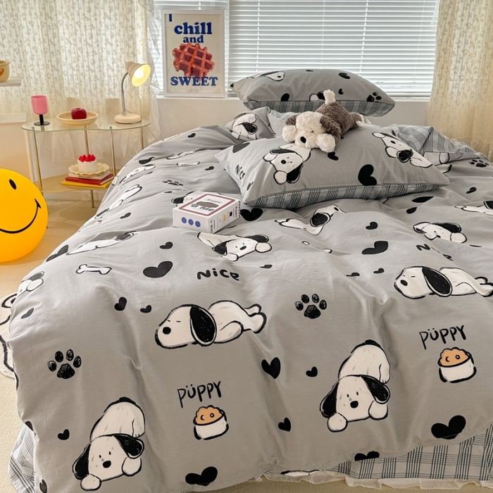 91家纺网 家纺一手货源 找家纺 昔可 2023新款全棉卡通系列四件套 脚印狗狗 灰