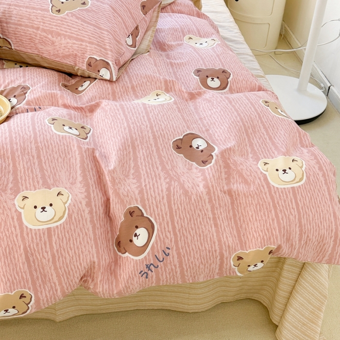 91家纺网 家纺一手货源 找家纺 昔可 2023新款全棉卡通系列四件套 毛衣小熊 粉