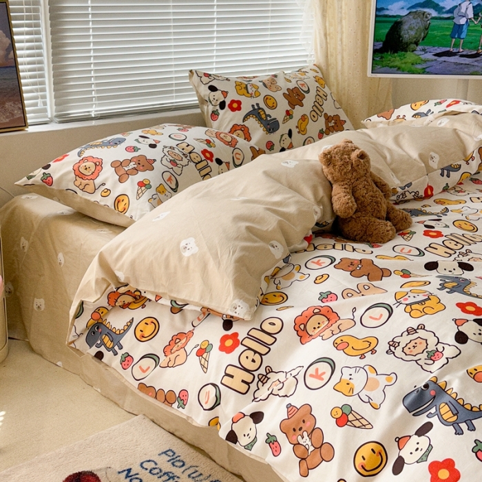 91家纺网 家纺一手货源 找家纺 昔可 2023新款全棉卡通系列四件套 萌趣小动物