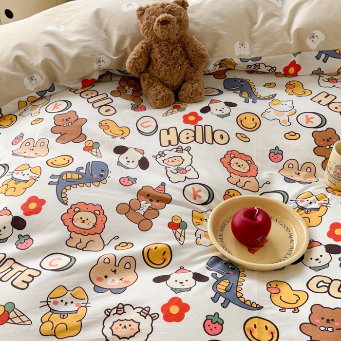 91家纺网 家纺一手货源 找家纺 昔可 2023新款全棉卡通系列四件套 萌趣小动物