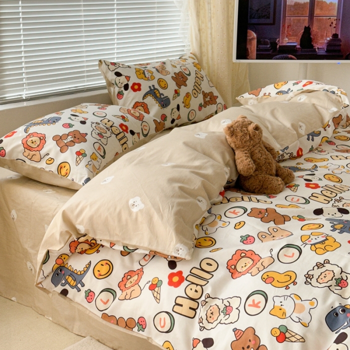 91家纺网 家纺一手货源 找家纺 昔可 2023新款全棉卡通系列四件套 萌趣小动物