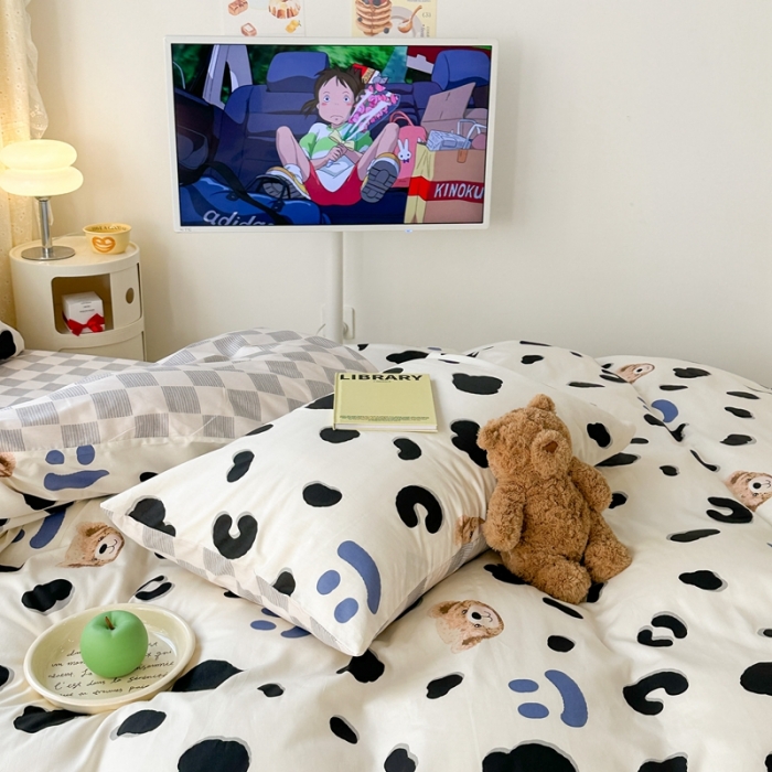 91家纺网 家纺一手货源 找家纺 昔可 2023新款全棉卡通系列四件套 奶牛笑脸熊