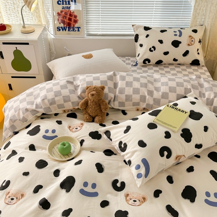 91家纺网 家纺一手货源 找家纺 昔可 2023新款全棉卡通系列四件套 奶牛笑脸熊