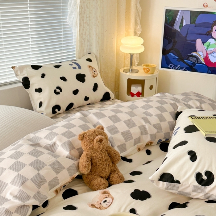 91家纺网 家纺一手货源 找家纺 昔可 2023新款全棉卡通系列四件套 奶牛笑脸熊