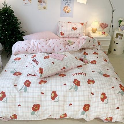 昔可家纺 2023新款圣诞系列全棉四件套 格子小红花