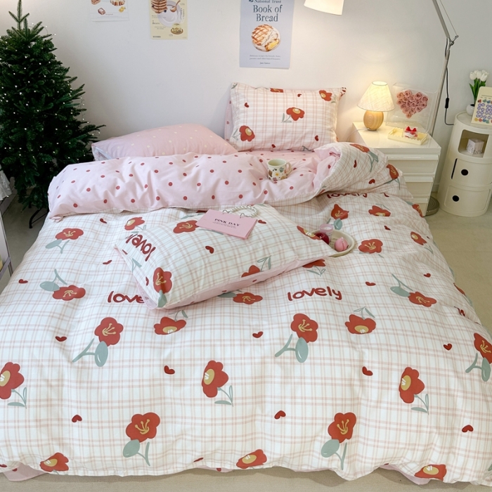 91家纺网 家纺一手货源 找家纺 昔可家纺 2023新款圣诞系列全棉四件套 格子小红花