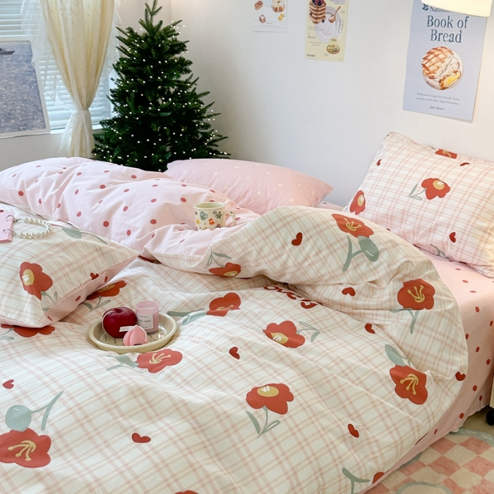 91家纺网 家纺一手货源 找家纺 昔可家纺 2023新款圣诞系列全棉四件套 格子小红花