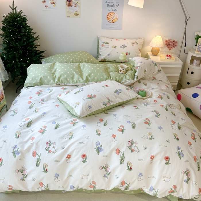 91家纺网 家纺一手货源 找家纺 昔可家纺 2023新款圣诞系列全棉四件套 花儿猫咪