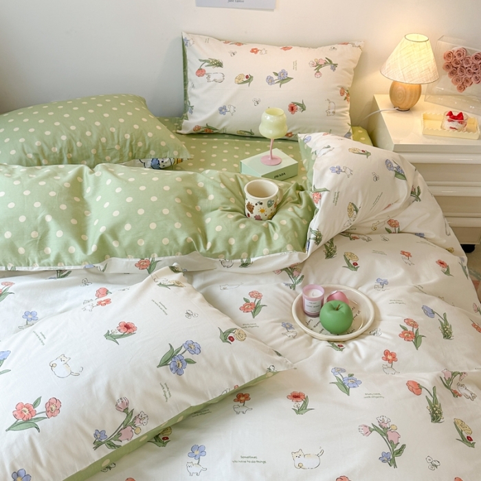 91家纺网 家纺一手货源 找家纺 昔可家纺 2023新款圣诞系列全棉四件套 花儿猫咪