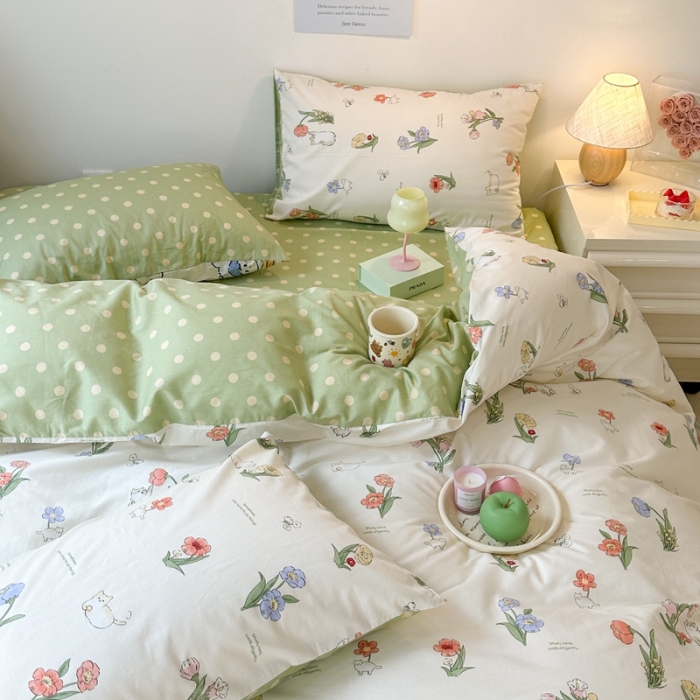 91家纺网 家纺一手货源 找家纺 昔可家纺 2023新款圣诞系列全棉四件套 花儿猫咪