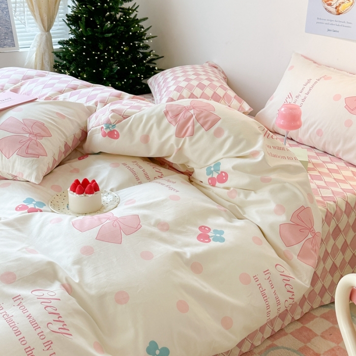 91家纺网 家纺一手货源 找家纺 昔可家纺 2023新款圣诞系列全棉四件套 樱桃蝴蝶结