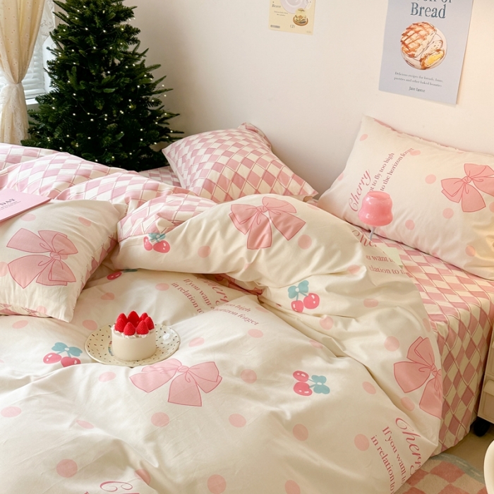 91家纺网 家纺一手货源 找家纺 昔可家纺 2023新款圣诞系列全棉四件套 樱桃蝴蝶结