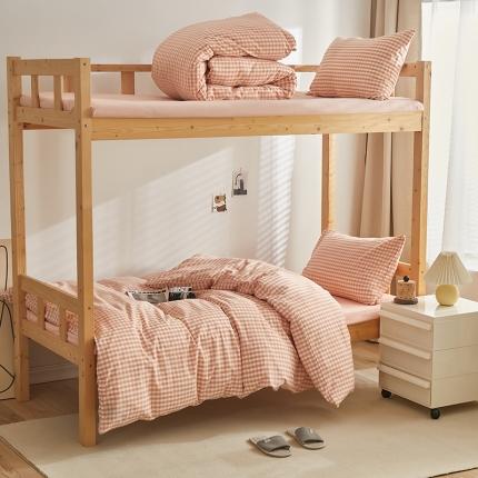 91家纺网 家纺一手货源 找家纺 安力森/诚臻酒店用品 2023新款学生宿舍寝室上下铺全棉色织四件套 粉蜜小格