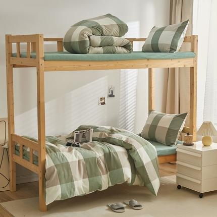 91家纺网 家纺一手货源 找家纺 安力森/诚臻酒店用品 2023新款学生宿舍寝室上下铺全棉色织四件套 绿大格