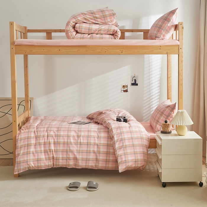 91家纺网 家纺一手货源 找家纺 安力森/诚臻酒店用品 2023新款学生宿舍寝室上下铺全棉色织四件套 初春粉