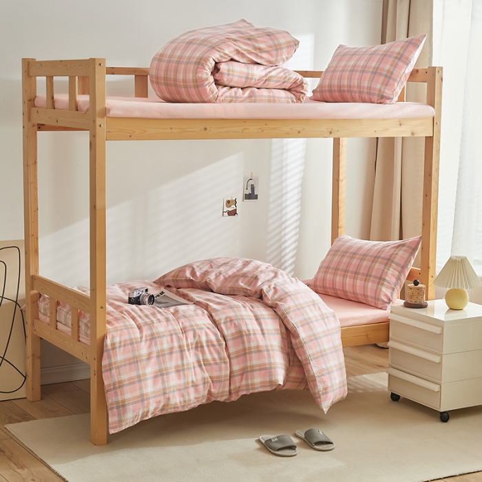 91家纺网 家纺一手货源 找家纺 安力森/诚臻酒店用品 2023新款学生宿舍寝室上下铺全棉色织四件套 初春粉