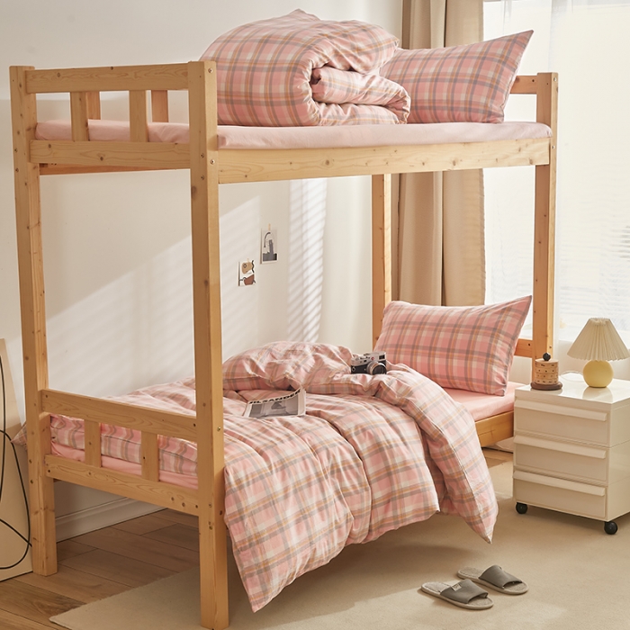 91家纺网 家纺一手货源 找家纺 安力森/诚臻酒店用品 2023新款学生宿舍寝室上下铺全棉色织四件套 初春粉