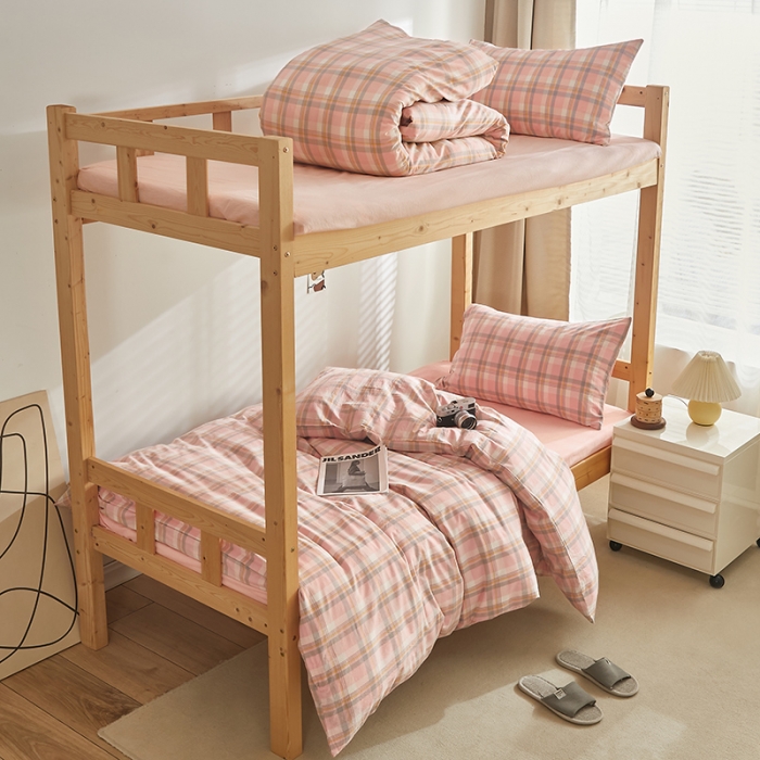 91家纺网 家纺一手货源 找家纺 安力森/诚臻酒店用品 2023新款学生宿舍寝室上下铺全棉色织四件套 初春粉