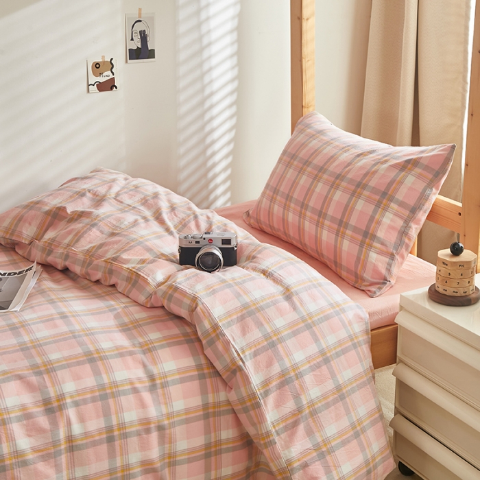 91家纺网 家纺一手货源 找家纺 安力森/诚臻酒店用品 2023新款学生宿舍寝室上下铺全棉色织四件套 初春粉