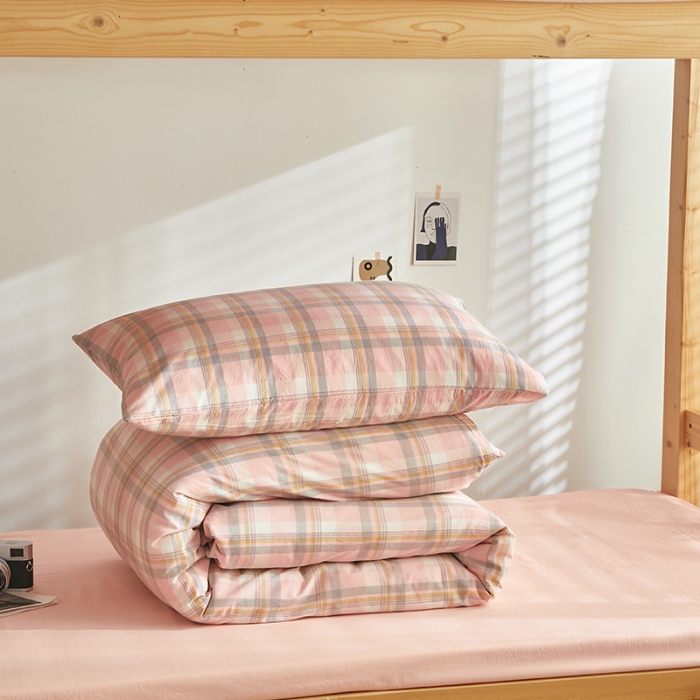 91家纺网 家纺一手货源 找家纺 安力森/诚臻酒店用品 2023新款学生宿舍寝室上下铺全棉色织四件套 初春粉