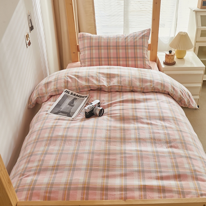 91家纺网 家纺一手货源 找家纺 安力森/诚臻酒店用品 2023新款学生宿舍寝室上下铺全棉色织四件套 初春粉