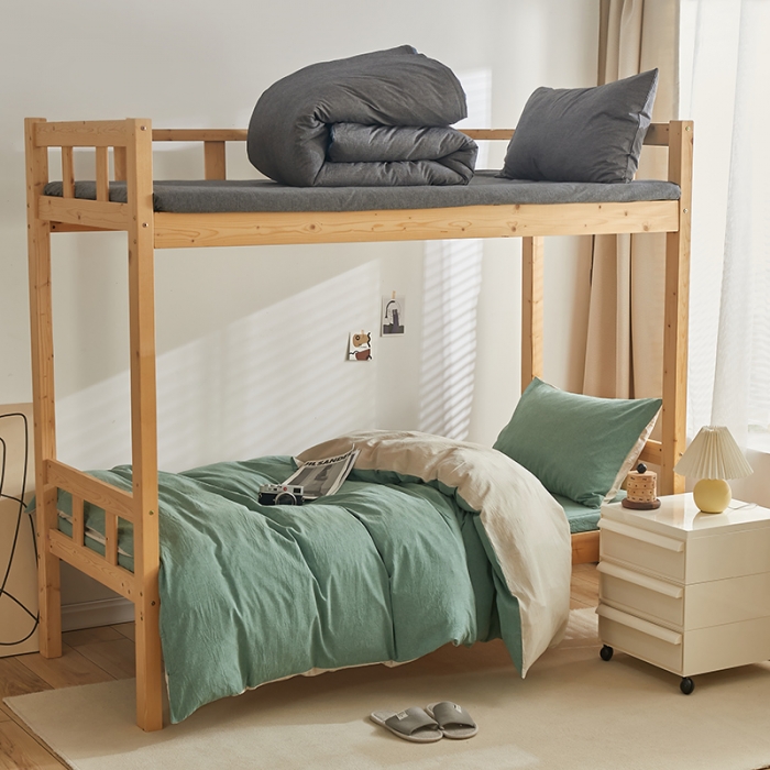 91家纺网 家纺一手货源 找家纺 安力森/诚臻酒店用品 2023新款学生宿舍寝室上下铺全棉色织四件套 草绿卡其双拼