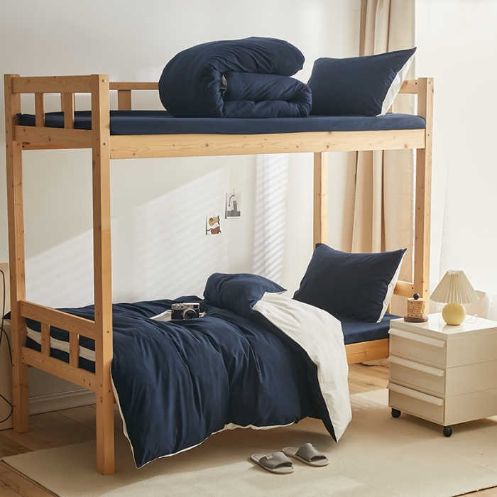 91家纺网 家纺一手货源 找家纺 安力森/诚臻酒店用品 2023新款学生宿舍寝室上下铺全棉色织四件套 纯白藏蓝双拼