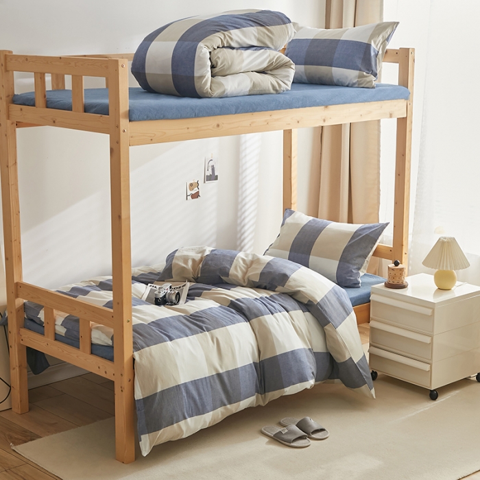 91家纺网 家纺一手货源 找家纺 安力森/诚臻酒店用品 2023新款学生宿舍寝室上下铺全棉色织四件套 蓝大格