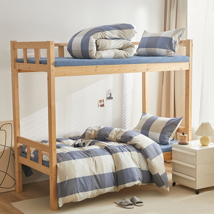 91家纺网 家纺一手货源 找家纺 安力森/诚臻酒店用品 2023新款学生宿舍寝室上下铺全棉色织四件套 蓝大格