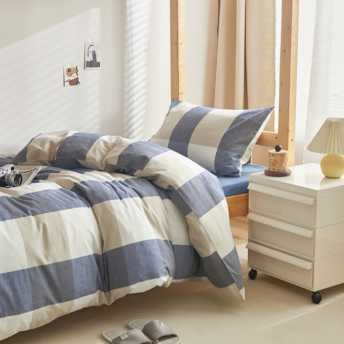 91家纺网 家纺一手货源 找家纺 安力森/诚臻酒店用品 2023新款学生宿舍寝室上下铺全棉色织四件套 蓝大格