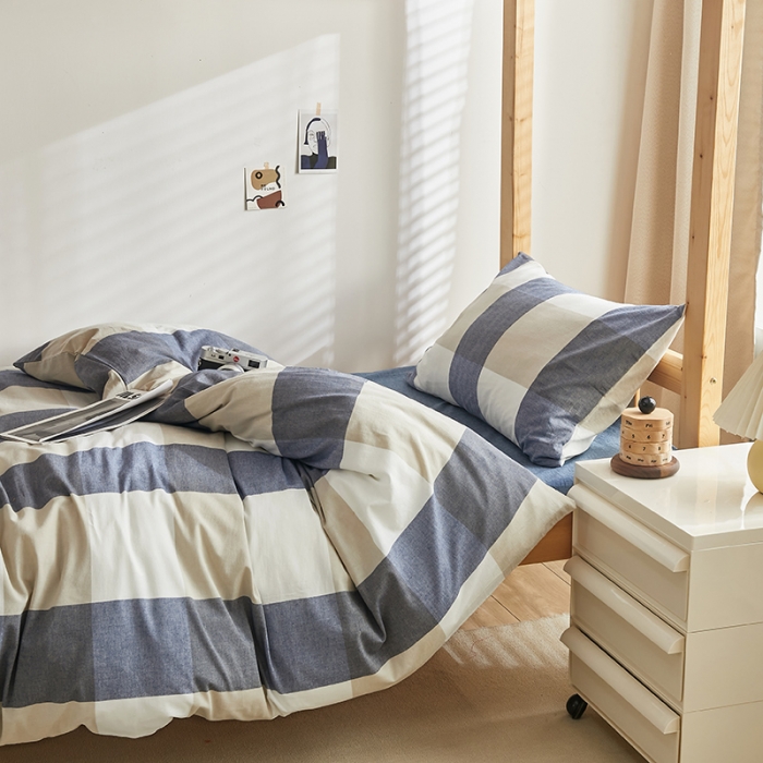 91家纺网 家纺一手货源 找家纺 安力森/诚臻酒店用品 2023新款学生宿舍寝室上下铺全棉色织四件套 蓝大格