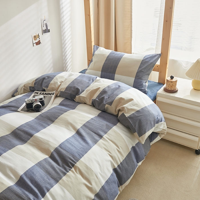 91家纺网 家纺一手货源 找家纺 安力森/诚臻酒店用品 2023新款学生宿舍寝室上下铺全棉色织四件套 蓝大格