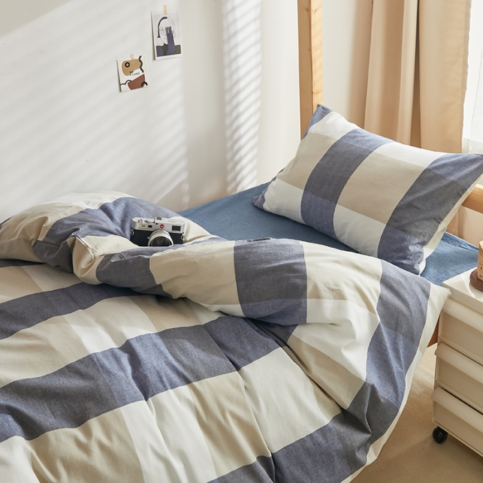 91家纺网 家纺一手货源 找家纺 安力森/诚臻酒店用品 2023新款学生宿舍寝室上下铺全棉色织四件套 蓝大格