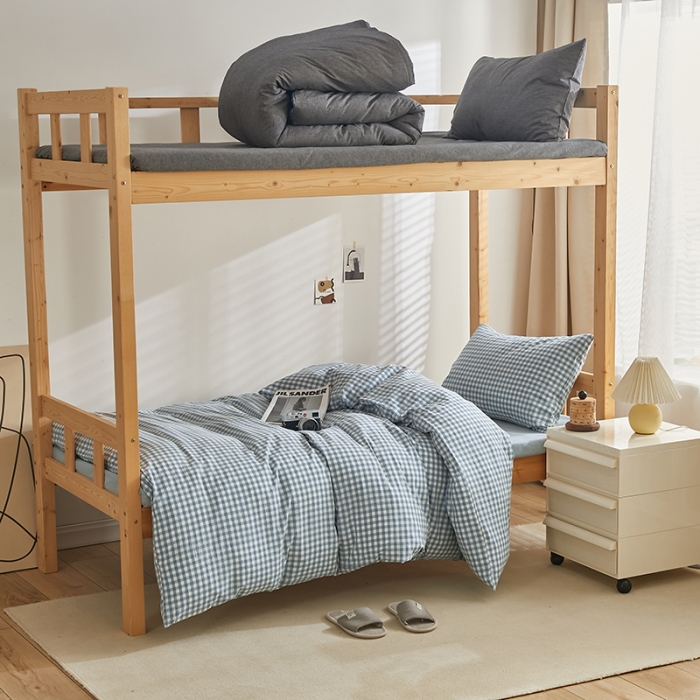 91家纺网 家纺一手货源 找家纺 安力森/诚臻酒店用品 2023新款学生宿舍寝室上下铺全棉色织四件套 浅蓝小格